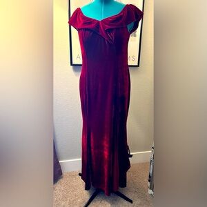 Red velvet off the shoulder evening dress